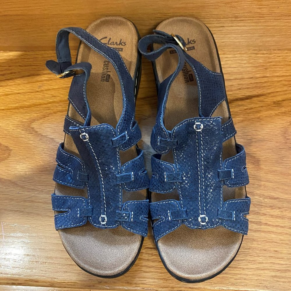 Clarks Blue Leather Sandle, adjustable ankle strap, Size 9